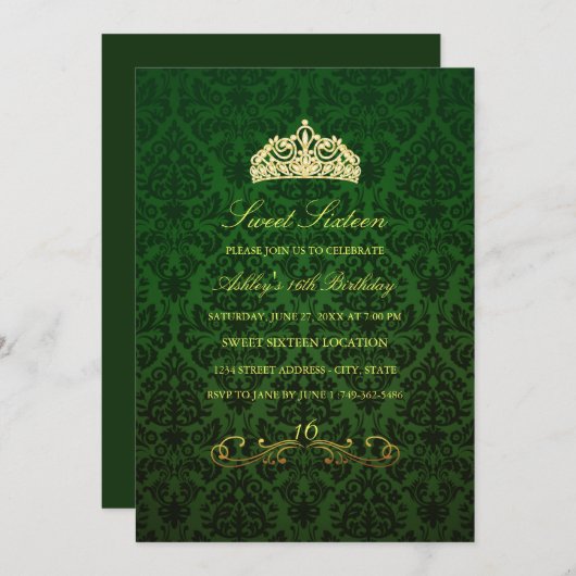 16 ans | Invitation Green Tiara & Damask (Devant / Derrière)