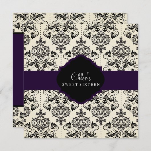 16 ans | Invitation pourpre et noire Damask (Devant / Derrière)