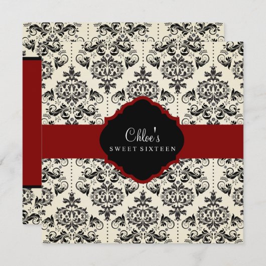 16 ans | Invitation Red & Black Damask (Devant / Derrière)