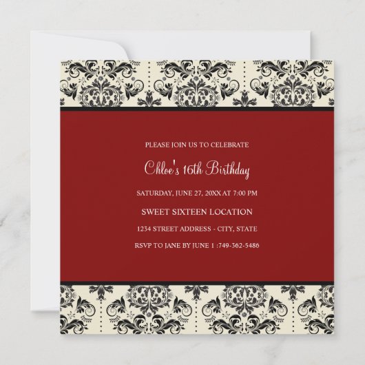16 ans | Invitation Red & Black Damask (Dos)