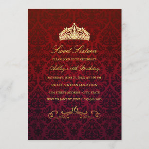 16 ans   Invitation Red Tiara & Damask