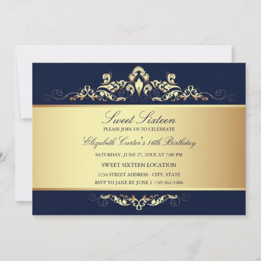 16 ans | Invitation Royal Blue & Gold Damask (Devant)