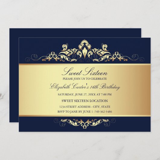 16 ans | Invitation Royal Blue & Gold Damask (Devant / Derrière)