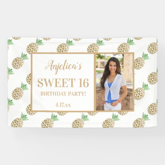 16 Birthday Gold White Pineapple Foto Spandoek (Horizontaal)