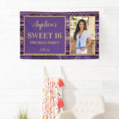 16 Birthday Paars Gold Boho Foto Spandoek (Insitu)