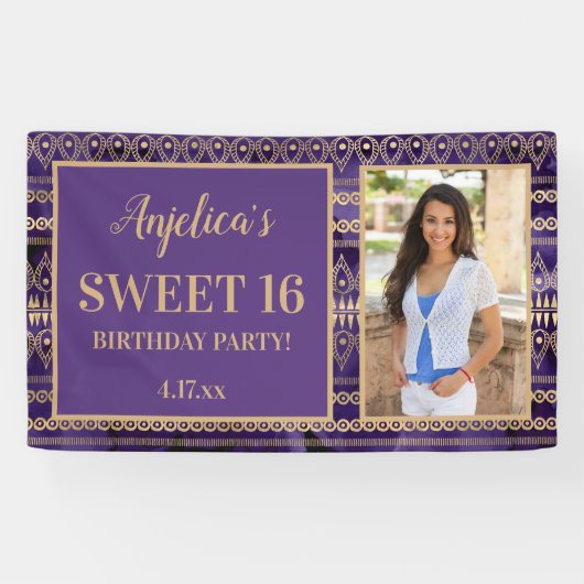 16 Birthday Paars Gold Boho Foto Spandoek (Horizontaal)