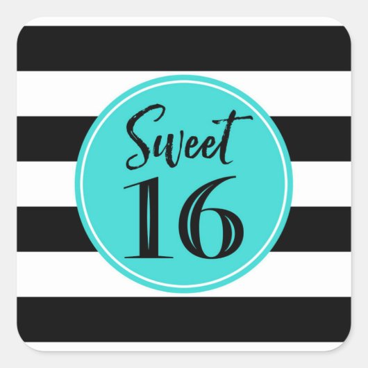 16 Birthday Turquoise Black White Vierkante Sticker (Voorkant)