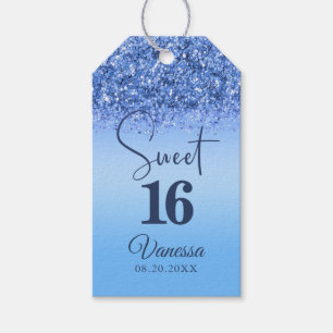 16 Blue Faux Glitter Girly Birthday Gift Label Cadeaulabel