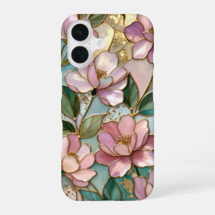 16 Coque iPhone Fleurs Roses Motif Vitrail Doré