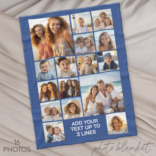 16 Foto Collage Montage en Tekst - Blauw Wit Fleece Deken
