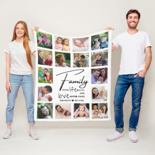 16 Fotocollage Familie Quote Naam Zwart Wit Fleece Deken