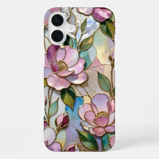 16 Plus Coque iPhone Fleur Rose Élégant Vitrail (Verso)