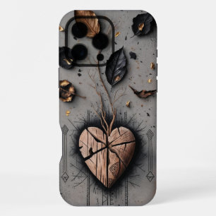 16 Pro Max Coque iphone en bois foncé du coeur en bois fissur