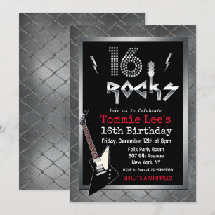 16 Rocks Rockstar Gitaar 16e Verjaardagsuitnodigin Kaart