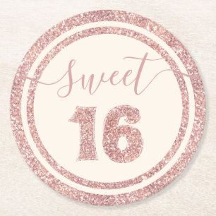 16 Roos Gold Faux Glitter Birthday Party Ronde Kartonnen Onderzetter