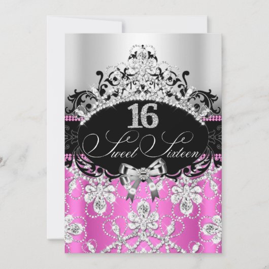 16 roze zilver Sparkle Tiara Birthday Invite Kaart (Voorkant)