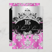 16 roze zilver Sparkle Tiara Birthday Invite Kaart (Voorkant / Achterkant)