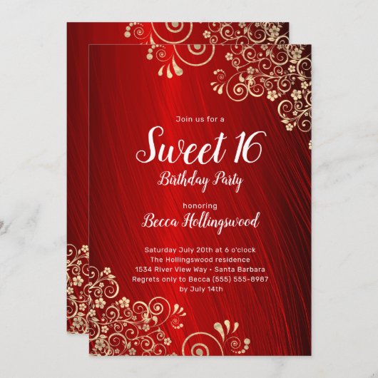 16 Ruby Red Gold Swirls Party Invitation Kaart (Voorkant / Achterkant)