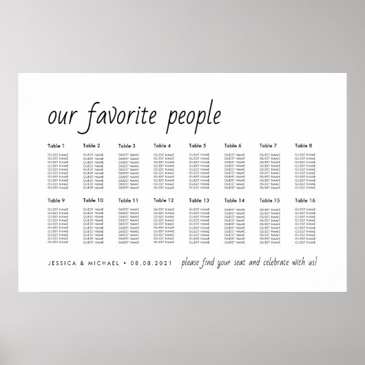 16 Tabel Elegant Wedding Guest Seating Chart Poster (Voorkant)