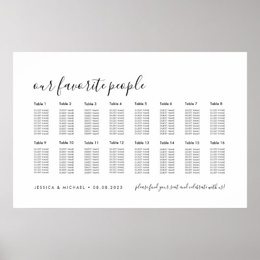 16 Tabel Elegant Wedding Guest Seating Chart Poster (Voorkant)