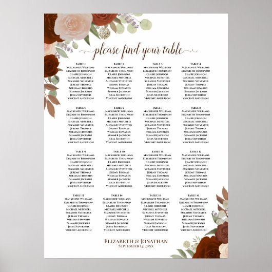 16 Tabel herfst Floral Boho Wedding Seating Chart Poster (Voorkant)