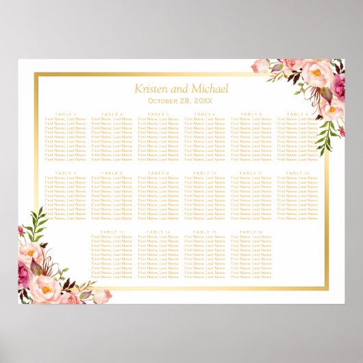 16 Tabellen Gold Chic Floral Wedding Seating Chart Poster (Voorkant)