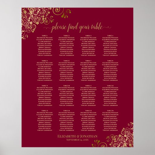 16 Tableau Élégant Burgundy & Gold Seating Chart (Devant)