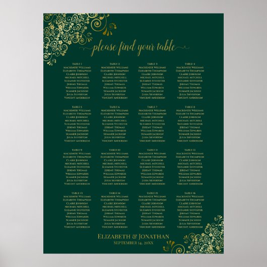 16 Tableau Émeraude Vert Mariage Places de siège O (Devant)