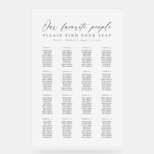 16 Tables Favorite People Acrylic Seating Chart (Recto)