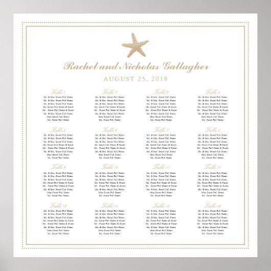 16 Tables Tan Starfish Wedding Seating Chart Poster (Voorkant)