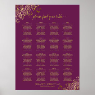 16 Tafel Gold Lace Magenta Wedding Seating Chart Poster