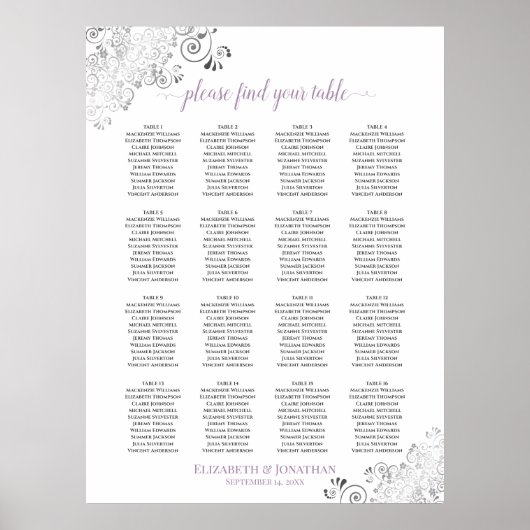 16 Tafel Lacy Wedding Seating Chart White Lavender Poster (Voorkant)
