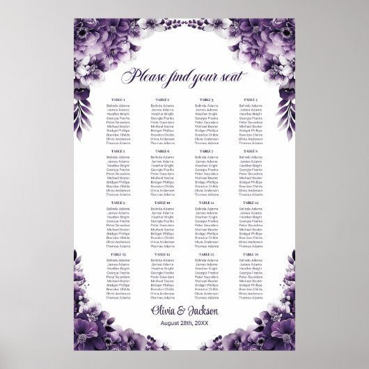 16 Tafel Paarse Bloemenbruiloft Zitkaarten Poster (Voorkant)