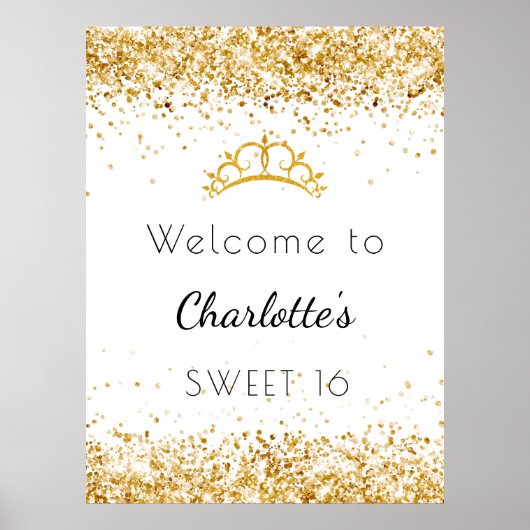 16 witte goudglitter stof tiara welkom poster (Voorkant)