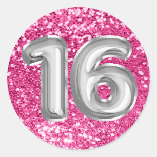 16 Zilveren Folie Ballonnen Glanzend Roze Glitter Ronde Sticker