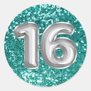 16 zilverfolie ballonnen Sparkly Blauwgroen Glitte Ronde Sticker