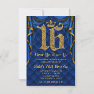 16DE 16 Verjaardagsfeest Royal Blauw Gouden Kroon Kaart