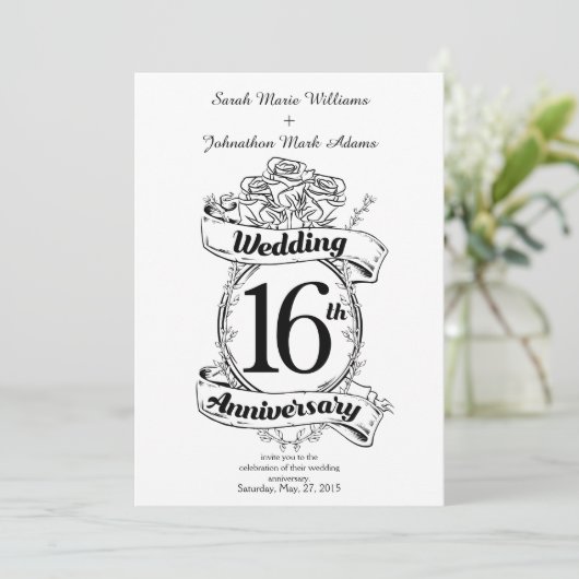 16de trouwdag zwart en witte rozen kaart (Staand voorkant)