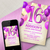 16e anniversaire Ballons roses Invitation