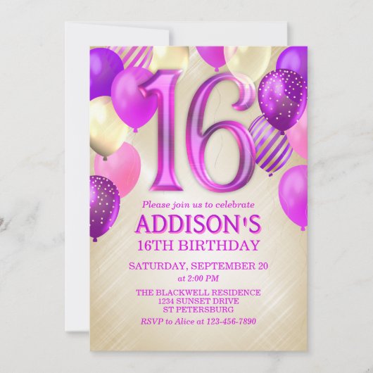 16e anniversaire Ballons roses Invitation (Devant)