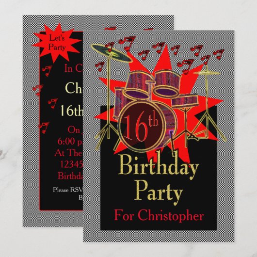 16e anniversaire Drums musicaux Invitation personn (Devant / Derrière)