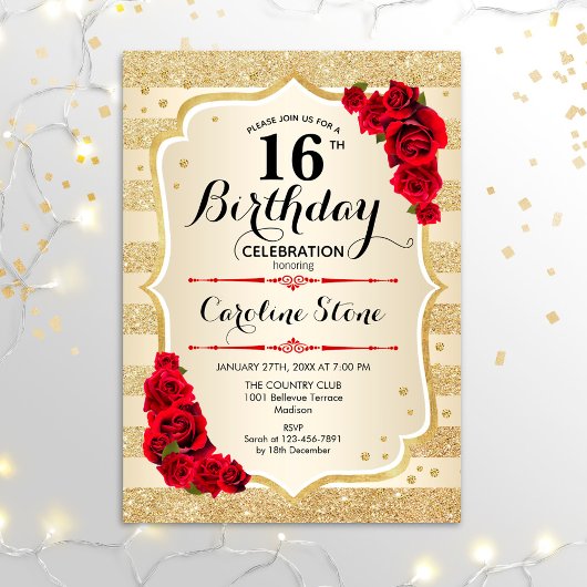 16e anniversaire - Gold Stripes Invitation Rose
