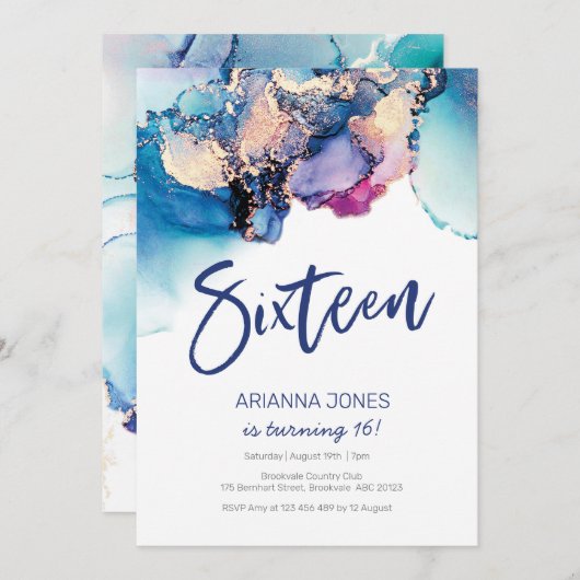 16e anniversaire Invitation Aquarelle Abstraite bl (Devant / Derrière)