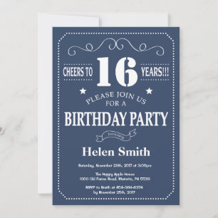 16e anniversaire Invitation Bleu et blanc
