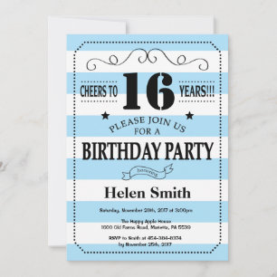 16e anniversaire Invitation Bleu et Blancs
