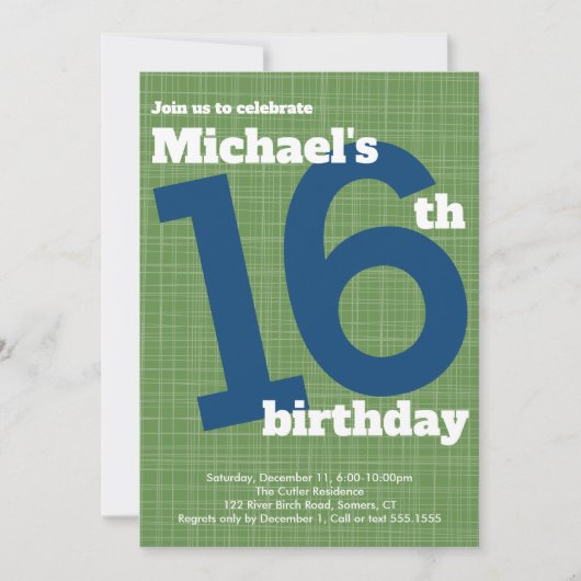 16e anniversaire Invitation Bleue avec Accent Vert (Devant)