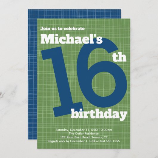 16e anniversaire Invitation Bleue avec Accent Vert (Devant / Derrière)