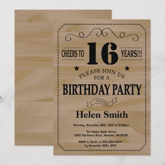 16e anniversaire Invitation Bois rustique (Devant / Derrière)