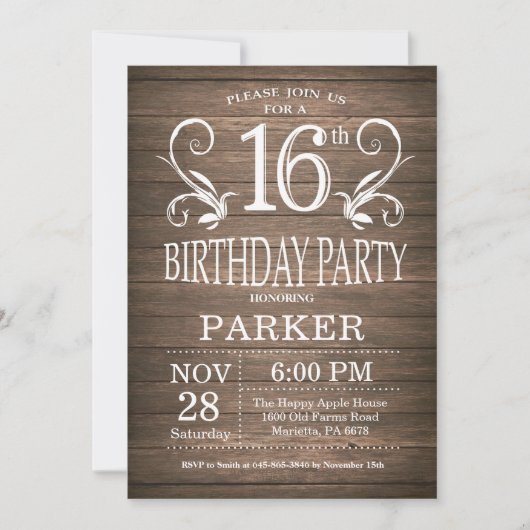 16e anniversaire Invitation Bois rustique Floral (Devant)