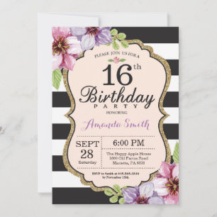 16e anniversaire Invitation Femmes. Or floral noir